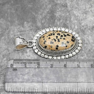 Collier artisanal vintage en argent sterling 925 plaqué, avec pendentif ovale en jaspe dalmatien naturel, perles et pierres précieuses, le plus vendu - Product Image 2