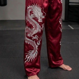 Men's <b>Red</b> <b>Silk</b> Kung Fu Pants Hand Embroidered Dragon Loose Fit Breathable Martial Arts Wear With Cheap Price & OEM Service - Product Image 4