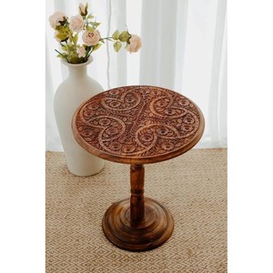 Table d'appoint ronde en bois de Sheesham sculpté à la main, design contemporain, installation sur plateau |   Vente en gros d'artisanat de Moradabad - Product Image 1