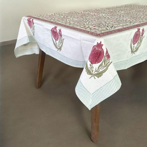 Floral Block Print <b>Tablecloth</b> Cotton <b>Rectangle</b> Table Cover Pink and Green Pomegranate Design Table Cover Linen Set - Product Image 5