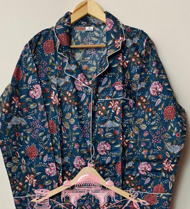 Handcrafted Indian Cotton <b>Summer</b> Eco-Friendly PJ Set Floral Block Print Nightwear Breathable Long Sleeve Shirt <b>Pyjama</b> Ensemble - Product Image 1