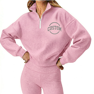 Custom Embroidered Quarter Zip Sweatshirt Women Pink Stand Collar Full Sleeve Knitted Cotton Blend Autumn Wear - Product Image 1