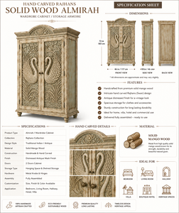 Luxury Hand Carved Rajhans Swan Solid Wood Almirah <b>Wardrobe</b> Cabinet Antique Bedroom Storage Armoire <b>Large</b> Capacity Slab Doors - Product Image 5