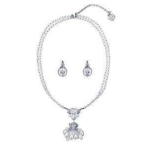 Rhodium Plated Women's <b>Bridal</b> <b>Jewelry</b> <b>Set</b>-Pearl Style Casual Temple Necklace and Earrings with Zircon Coins - Product Image 2
