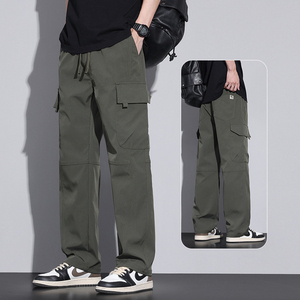 <b>Men</b> Solid Mid Waist <b>Cargo</b> <b>Trousers</b> Straight Leg Drawstring Customized Logo Multi Pocket Casual Outdoor <b>Lightweight</b> Breathable - Product Image 3