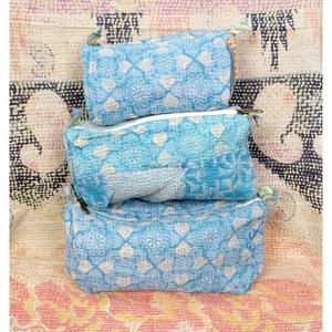 Indian kantha hand block print cotton cosmetic bag Makeup pouch set of three Accessory case Women's travel bag Handmade Kantha - Product Image 1