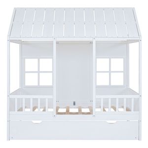 Letto a capanna in legno a grandezza naturale con letto estraibile singolo, divano letto in legno bianco per bambini - Product Image 4