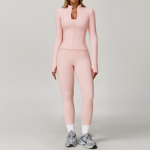 Ensemble de yoga lavande : Leggings évasés taille haute et veste longue zippée en Spandex/Nylon, extensible dans les quatre sens, respirant, sans coutures, couleur unie - Product Image 2
