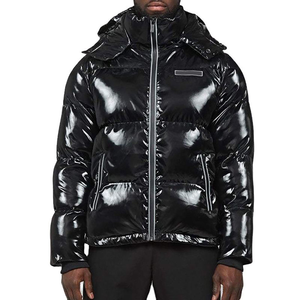 Hooded Puffer <b>Jacket</b> Black PU <b>Waterproof</b> Winter Coat Unisex Casual Zipper Closure <b>Thin</b> Insulated Stand Collar Front Outerwear - Product Image 4