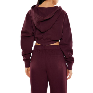 Women's Burgundy <b>Cropped</b> <b>Hoodie</b> <b>Zip</b>-<b>Up</b> Sweatshirt Full Sleeve Solid Color Knitted Cotton Autumn Wear - Product Image 2