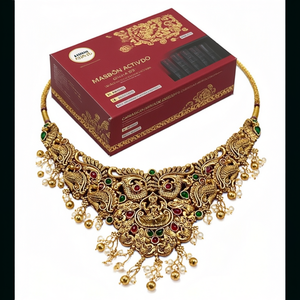 Parure de bijoux fins pour femme, plaquée or traditionnelle, avec pierres Pota et perles, collier de temple pour mariages et fêtes - 10575300PGR - Product Image 2