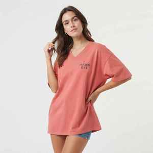 T-shirt ample à col en V pour femme, en jersey 100 % coton, manches courtes, imprimé logo, coupe décontractée, printemps-été - Product Image 1