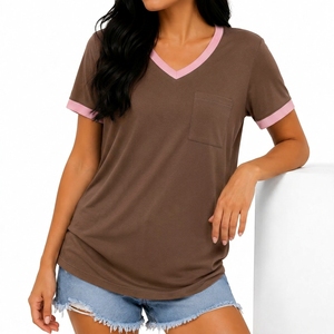 Rich Quality Women's Solid V-Neck Short Sleeve T-Shirt With Pocket Casual Cotton <b>Top</b> Spring Summer Wear Custom Designs Logos - Product Image 4