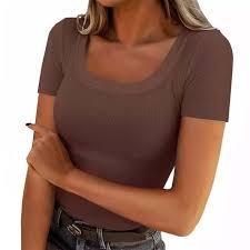 Scoop Neck Knit <b>Tops</b> <b>Viscose</b>/Cotton Sporty Slim Fit Solid Breathable Short Sleeve 180g Plain Dyed Silk Screen Women's - Product Image 2