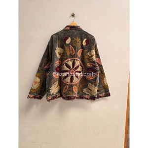 Hand Embroidered Floral <b>Pattern</b> Elegant Women's Velvet <b>Jacket</b> With Mandarin Collar Lantern Sleeve Winter Coat - Product Image 2