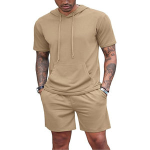 Ensemble short homme 100% coton été 2 pièces, logo personnalisé, sweat à capuche oversize avec cordon de serrage + short, streetwear pour homme - Product Image 4