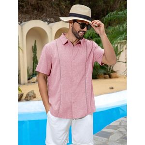 2025 Guayabera camisa de manga corta para hombre 100% algodón Casual Lino Tops botones cubanos diseño bordado para vacaciones de verano - Product Image 2