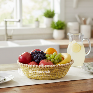 Corbeille à fruits en jonc de mer enroulé avec bordure décorative en perles de bois, plateau de service en fibre naturelle durable pour la décoration intérieure - Product Image 2