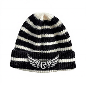 Unisex Striped Knit Beanie Hat 100% <b>Acrylic</b> Winter Warm Casual Cap Black White Color <b>Block</b> Adult - Product Image 2