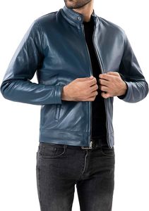 Chaqueta de Cuero Genuino para Hombre, Cuello Alto, Cierre Frontal con Cremallera, Color Azul Oscuro, Corte Ajustado, Prendas en Colores de Moda, Precio al por Mayor - Product Image 5