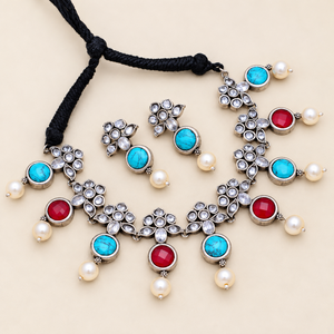 Natural Multi Color Antique Silver Oxidized Choker Necklace Set with Earrings, Designer Fashion Jewelry for Women - Product Image 1