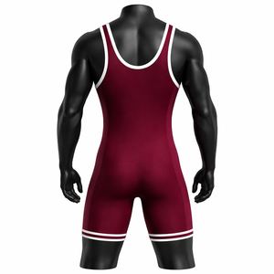 Combinaison de lutte ajustée pour homme, bordeaux avec bordure blanche, une pièce, en spandex et polyester extensible, vêtement d'arts martiaux pour adulte - Product Image 6