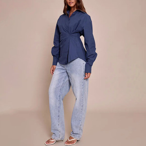 Women's 100% Polyester Vintage Solid Print Long Sleeve Button Shirt Casual <b>Navy</b> Blue Breathable Loose Fit Summer Women <b>TShirt</b> - Product Image 5