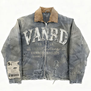 Custom Streetwear Winter Designer Vintage Zip Denim <b>Jacket</b> Embroidered Patch Oversize Distressed Work <b>Jacket</b> <b>Men</b> - Product Image 1