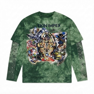 Camiseta de algodón 100% con cuello en V, gráfico verde lavado al ácido, oversize, personalizada para hombre, 2 en 1, con pedrería, manga larga, estilo Y2K, streetwear, al por mayor - Product Image 1
