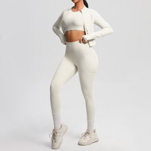 High Quality Fitness <b>Yoga</b> Three Piece Suit Long Sleeved Zipper Cardigan <b>Jacket</b> Long Sleeved Vest and <b>Yoga</b> Pants with Pockets - Product Image 6