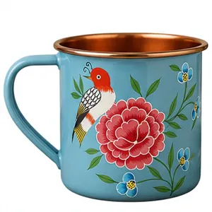 Handcrafted Sky Blue Copper Interior Enamel <b>Mug</b> Floral <b>Bird</b> Enamel <b>Mug</b> Blue Floral <b>Bird</b> Design Copper Rim Handle - Product Image 1