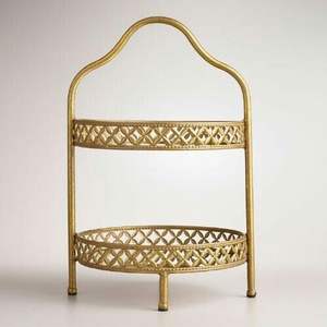 Soporte de metal clásico vintage de dos niveles para servir pasteles con diseño de borde ornamental para ceremonias de compromiso y banquetes. - Product Image 2