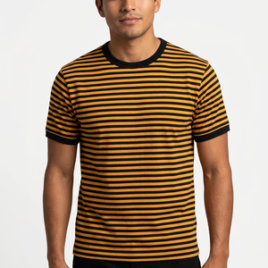 T-shirt à manches courtes en tricot rayé pour homme, col rond, coupe classique, vêtement décontracté, motif bleu marine et jaune - Product Image 6