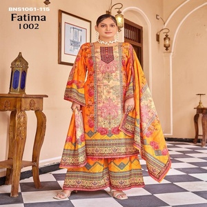 Última Colección de Crepé de Seda con Estampado Digital y Trabajo de Espejo, Mangas Campana, Conjunto Plazzo-Kurta-Dupatta Listo para Usar a Precio de Mayoreo - Product Image 1