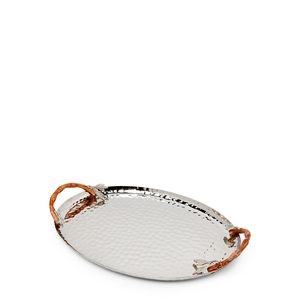 Bandeja decorativa antigua de acero inoxidable con asas de hoja de oro, plato ovalado de metal martillado para mesa de café y hogar - Product Image 3
