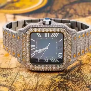 Montre analogique à quartz personnalisée Hip Hop glacée, cadran carré, chiffres romains antiques, bracelet en acier inoxydable, verre en moissanite de 41 mm - Product Image 3