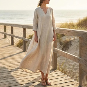 Bell Sleeve V-neck High-Waist A-Line Soft Cotton <b>Dress</b> with Functional Pockets <b>Loose</b> Casual Summer Beach Vacation Plus Size - Product Image 1