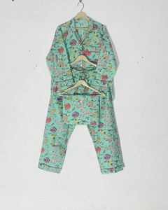 Ensembles de pyjamas en coton vintage à col rabattu boutonnés et imprimés à la main, best-sellers pour femmes, vêtements de nuit d'été - Product Image 4