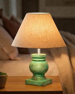 <b>Green</b> Distressed Wood <b>Table</b> Lamp Jute Dome Shade Rustic Trophy Base Farmhouse <b>Bedside</b> Night Light - Product Image 6