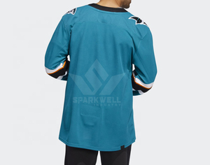 เสื้อฮอกกี้น้ำแข็งสีเขียวอมฟ้าสำหรับผู้ชาย แบบผูกเชือกที่คอ แขนยาว ลายฉลาม ผ้าโพลีเอสเตอร์ซับเหงื่อ ชุดทีม - Product Image 2