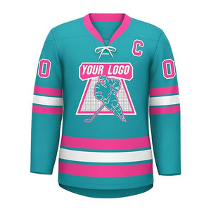 Custom Ice Hockey Jersey Teal Pink Striped V-Neck Full Sleeve Sublimated Print Breathable Polyester Adult Unisex - Product Image 1