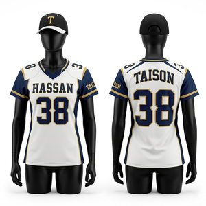 Maillot de football américain pour femmes, 180 GSM, maille polyester premium respirante, design or et bleu marine, sublimation, twill, logo personnalisé - Product Image 5