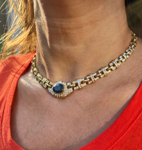Collar de Gargantilla de Lujo Chapado en Oro de 18K con Zafiro y Cadena Figaro con Incrustaciones de Diamantes, Joyería de Boda para Mujer - Product Image 4