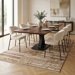 Alfombra de Lana Hecha a Mano Beige Marrón con Diseño Fresco Dorado, Textura Geométrica Desgastada, Ecológica, Antideslizante y de Pelo Grueso para Interiores - Product Image 3