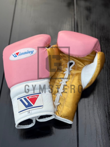 Winning Boxing Gloves <b>Pink</b> Golden Leather Set High Quality Lace-Up Closure Adjustable Wrist - Product Image 4