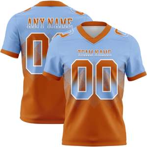 เสื้อฟุตบอลอเมริกันแบบซับลิเมชั่นสั่งทำพิเศษสำหรับผู้ชาย สีฟ้าอ่อนไล่เฉดสีส้ม คอวี แขนสั้น ระบายเหงื่อได้ดี ชุดกีฬา - Product Image 1