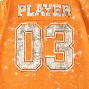 Camiseta Corta de Fútbol Americano para Mujer, con Pedrería, Personalizada, Naranja Brillante, con Estampado de Marca, Estilo Urbano, Talla Grande - Product Image 2