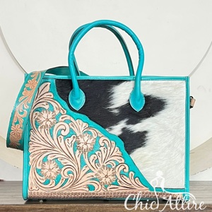 Nouveau Sac Fourre-tout Femme en Cuir de Vachette Gravé à la Main avec Poils Turquoises 2026, Sac à Main Vintage Floral à Poignée Supérieure, Sac Bandoulière de Voyage - Product Image 1