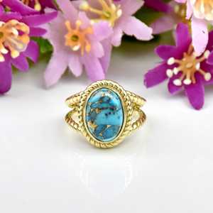 Blue Copper Turquoise <b>Ring</b> 18K Gold Vermeil Oval Gemstone <b>Statement</b> <b>Ring</b> Rope Band Handmade Gift for Her - Product Image 5