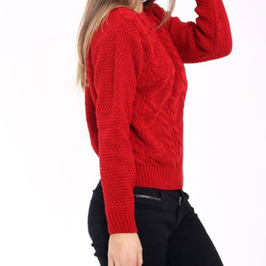 Women's Red <b>Cable</b> <b>Knit</b> Pullover Crew Neck Long Sleeve Winter Casual Thick <b>Sweater</b> Anti-Pilling 100% Acrylic Hand Knitted - Product Image 2